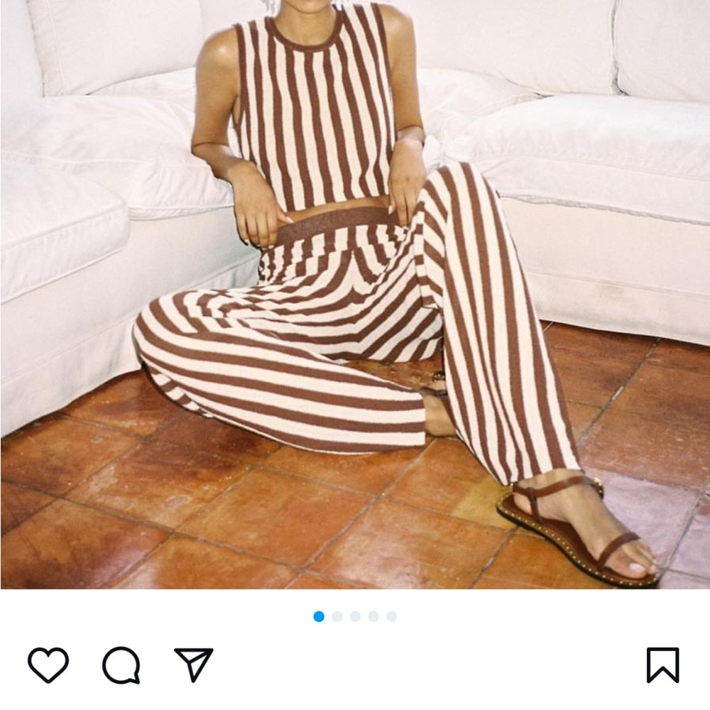 ZARA Striped Cutwork Knit Top and Pants Brown/Ecru S